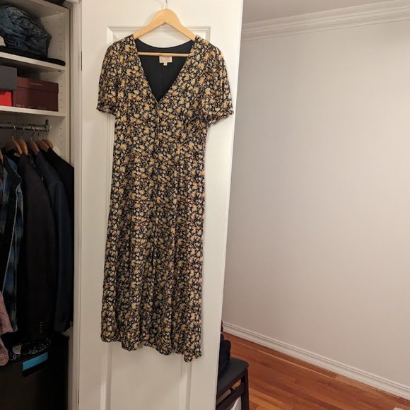 Sezane Vivienne Midi Dress | Black & Yellow Blossoms | Size 38 - Picture 7 of 11